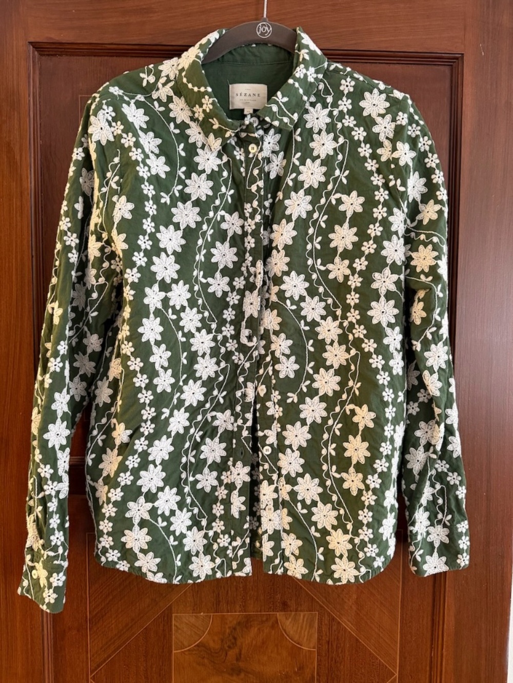 Sezane Tom Shirt Green Embroidered Button Down Size 42